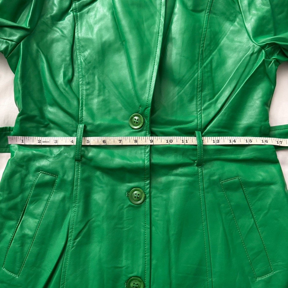 Green faux leather single breasted removable faux fur on collar trench coat - Picture 11 of 13